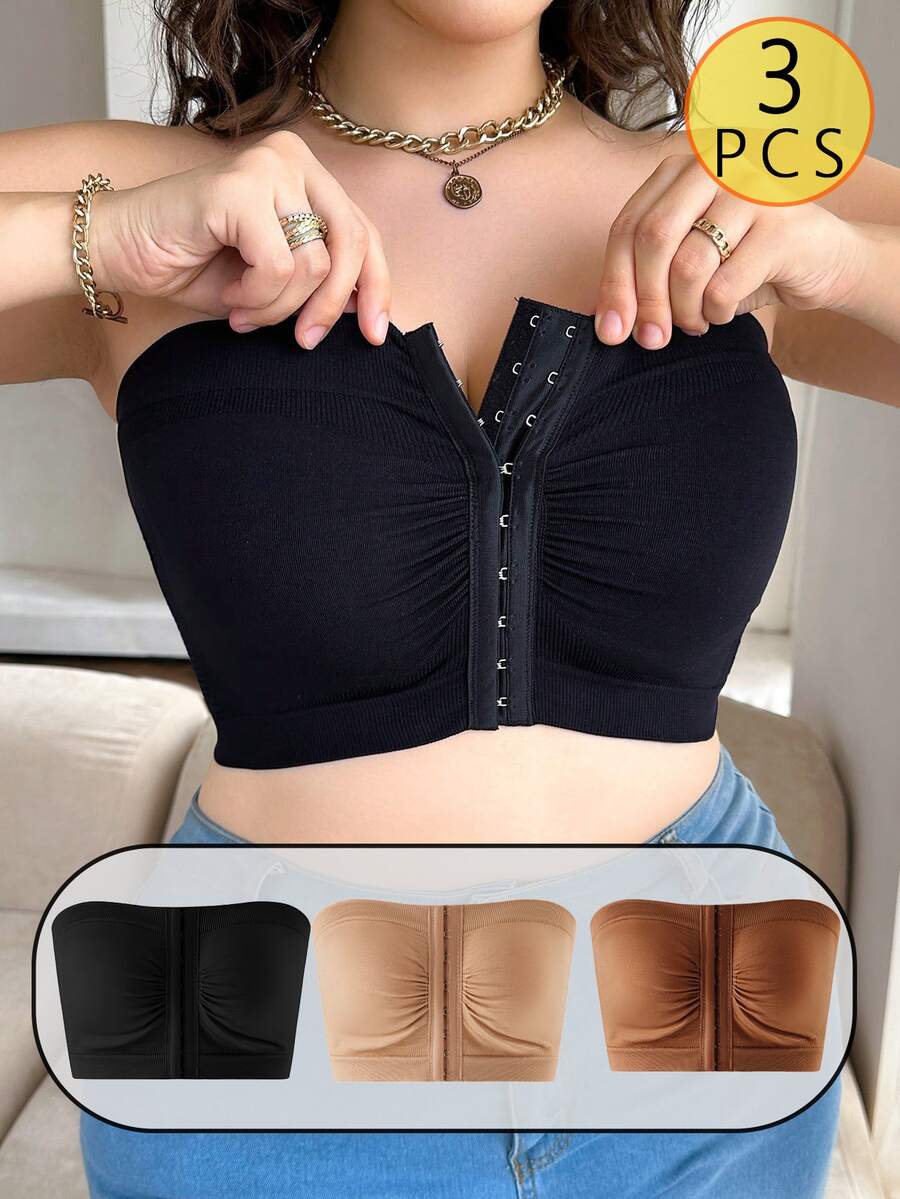 3PCS Plus Size Women's Strapless Bandeau Bra – Seamless Invisible Push-Up, Front-Closure Wireless Comfort, Back Mesh For Slimming & Support – 3-Row Hook, Ultra-Stretchy Off-Shoulder Solid Color Underwear - Nhiều màu - Xem 1