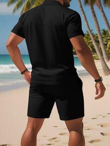 Bộ 2 món áo polo nam cỡ lớn kiểu dáng thường ngày có cổ và quần short dây rút, họa tiết ngựa hiệp sĩ tinh tế, thích hợp mặc hàng ngày vào mùa hè, trang phục thể thao thoải mái và thoáng khí. - màu đen - Xem 2