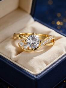 Anello placcato oro con zirconia cubica, design minimalista a braccio attorcigliato micro-intarsiato, adatto per uso quotidiano/casual versatile, un regalo di compleanno alla moda - Dorato - Visualizzare 1