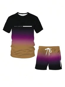 Plus Size Men's Casual Sports T-Shirt And Shorts Set, Ombre Print, Round Neck, Knit Fabric, Blended With Spandex, Slightly Stretchy, Regular Fit, 150gsm - Fashionable Summer Set, Comfortable Wear - Multicolor - View 3