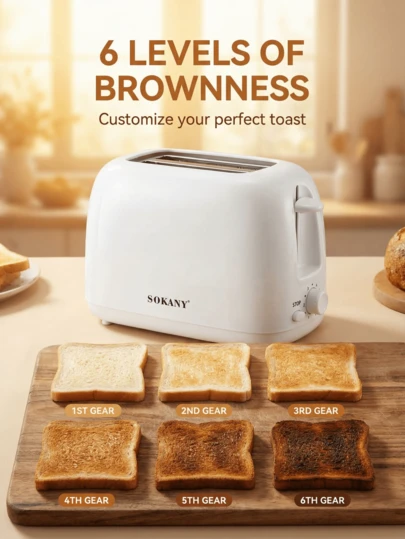  SOKANY 022 两件式烤面包机，易于拆卸，易于清洁，适用于各种烘烤处理，例如贝果、面包等，具有 6 种速度调节和可拆卸碎屑托盘，白色，适用于标准尺寸切片面包。