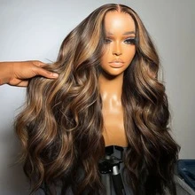 24英寸挑染渐变蕾丝前假发，200%密度，即戴即用，无需胶水，真人混纺发丝，预先拔毛，预先剪裁，5x5、13x5、13x6高清蕾丝假发，波浪卷蕾丝前假发，真人混纺发丝，女士款，200%密度，自然黑（8-34英寸） - S4/27 - 查看 2