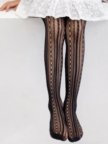 1 Pair Kids Vertical Striped Mesh Socks, Jacquard Anti-Snag Mesh Stockings, Girls Tights, Girls Pantyhose, Girls Thin Mesh Socks, Ultra-Thin Mesh Socks, Girls Thin Mesh Socks For Spring/Summer - Black - View 4