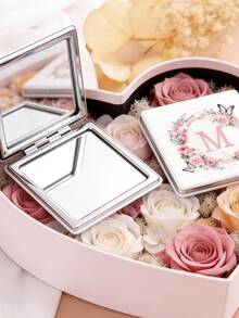 1pc Romantic Floral & Letter A-Z Series Compact Vanity Mirror, Foldable Lightweight Ultra-Thin Portable Hand Mirror, Silver Nano Electroplated Frame, Delicate Details, Suitable For All Occasions And People, Foldable Square Shape For Easy Carrying,For Daily Use, Travel, Party, Gift - Perfect For Women, Girls - Multicolor - View 2