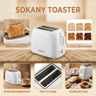  SOKANY 022 Toaster Toaster 2 Pieces Type, Easy To Disassemble, Easy To Clean, Suitable For Various Frying Treatments, Such As Bagels, Bread, With 6-Speed Color And Detachable Debris Tray, White, Suitable For Standard Size Sliced Bread
