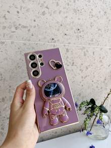 宇航员系列心形粉饼盒，电镀防摔手机壳带隐藏式支架，适用于 11/12/13/14/15/16 Pro Max、S22/23/24+、A012345/654321、MOTO等型号 - 紫色 - 查看 3