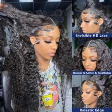 34 Inch Deep Wave Lace Front Wigs Blended Human Hair 13x4 HD Lace Front Wigs Pre Plucked Brazilian Curly Human Hair Wig 200 Density Glueless Frontal Wigs For Black Women - Natural & Black - View 4