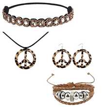 Halloween Party Leopard Print & Peace Sign Jewelry Set - Headband + Necklace + Earrings + Braided Bracelet, Retro Chic Accessories, Fashion Holiday Gift - Multicolor - View 7
