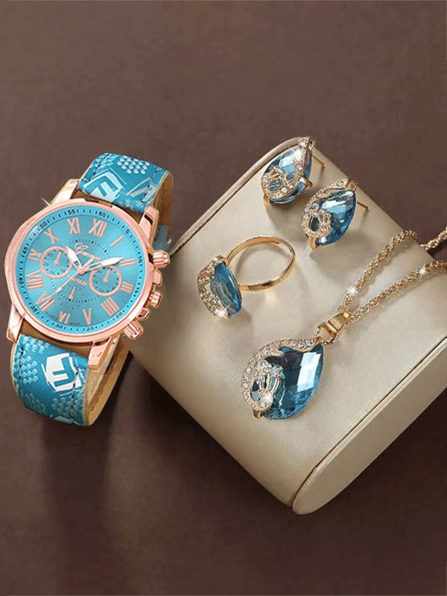5pcs/Set Women's Fashion Wrist Watches, Versatile High-End Ladies Watch Set - Blue - View 1