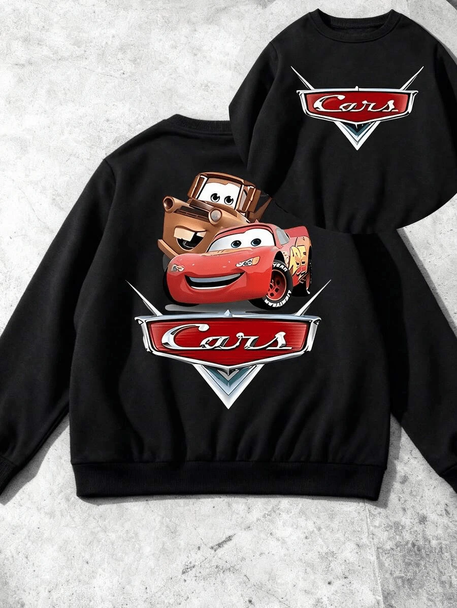 Disney Cars Double-Sided Pattern Print, Autumn And Winter Children's Round-Neck Sports Hoodie, Suitable For Boys' Daily Play Wear, Long-Sleeved Top, Perfect For Holiday Parties, Outdoor Activities And Travel - 黑色 - 查看 1