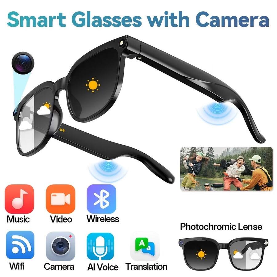 AI Smart Video Glasses, Equipped With An 8-Megapixel Camera, Support 4K HD Video Recording, Wireless Connectivity And Wi-Fi Transmission, AI Chat With ChatGPT Model, Wireless Calling And Music Playback, Real-Time Translation Device, AI Assistant And Meeting Recorder. Compatible With IOS/Android Systems, Lightweight Design, Extended Battery Life Supports Video Calls And Instant Recording. Professional Recording Device, Portable Camera, Ideal For Travel, Meetings, Driving, And Outdoor Sports Scenarios. Perfect Holiday Gift. - 黑色 - 查看 1