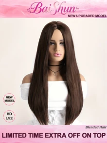 即戴即走，无需胶水，直发，真人混纺发丝，200%密度，5x5高清蕾丝闭合，预先拔毛，预先修剪，女士款，真人前额发丝，13x4/13x6高清蕾丝前额，4号巧克力深棕色 - 棕色 - 查看 2