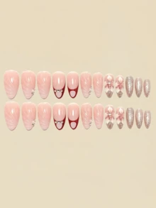 24pcs 3D Striped Floral Embossed Rhinestone French Design False Nails, Y2K Style Nail Art Supplies - Pink - View 3