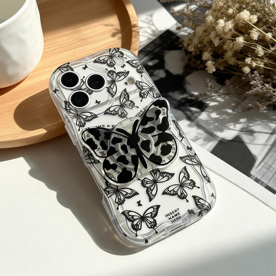 1pc Fashionable English Text & Butterfly Pattern Transparent Wavy Cream Phone Case, Suitable Compatible With Iphone 17 17 Pro 17 Pro Max 17 Air 16 15 14 13 12 11 / S25 24 23 22 Ultra A52 A53 A54 A55 A56 07 A17 / OPPO / REDMI Phone Models, Anti-Fingerprint, Shock-Proof, Drop-Proof Phone Case - Clear - View 1