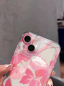 1pc French Retro Oil Painting Texture Thick Brush Stroke Pink Abstract Floral & Layered Leaf Illustration Transparent Soft Silicone Shockproof Anti-Yellowing Slim Phone Case Compatible With Apple Phones - Multicolor - View 5