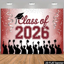 2D Flat, 1pc 2026 Graduation Banner, Red & Gold Party Decor With Confetti, Balloons And "Congrats Graduates" Text, Suitable For Photo Booth Backdrop, Multipurpose Decoration, Holiday Gift, Polyester Material, No Power Required - Multicolor - View 2
