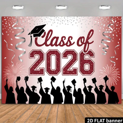 2D平面，1件装2026毕业季横幅，红金配色派对装饰，包含彩纸屑、气球和“恭喜毕业生”字样，适用于拍照背景、多用途装饰、节日礼物，涤纶材质，无需电源