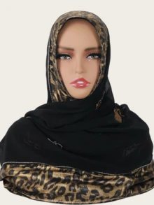 1件装女士时尚优雅穆斯林头巾，拼接印花设计，镶嵌水钻，中东风格长款围巾 - 豹紋拼接水鑽長巾 - 查看 3