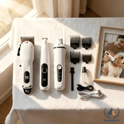 三件套宠物美容套装，包含高品质电动贝壳形理发器、爪子修剪器和指甲磨刀器。低噪音、高功率、可拆卸设计、液晶显示屏。适用于各种体型的犬猫。