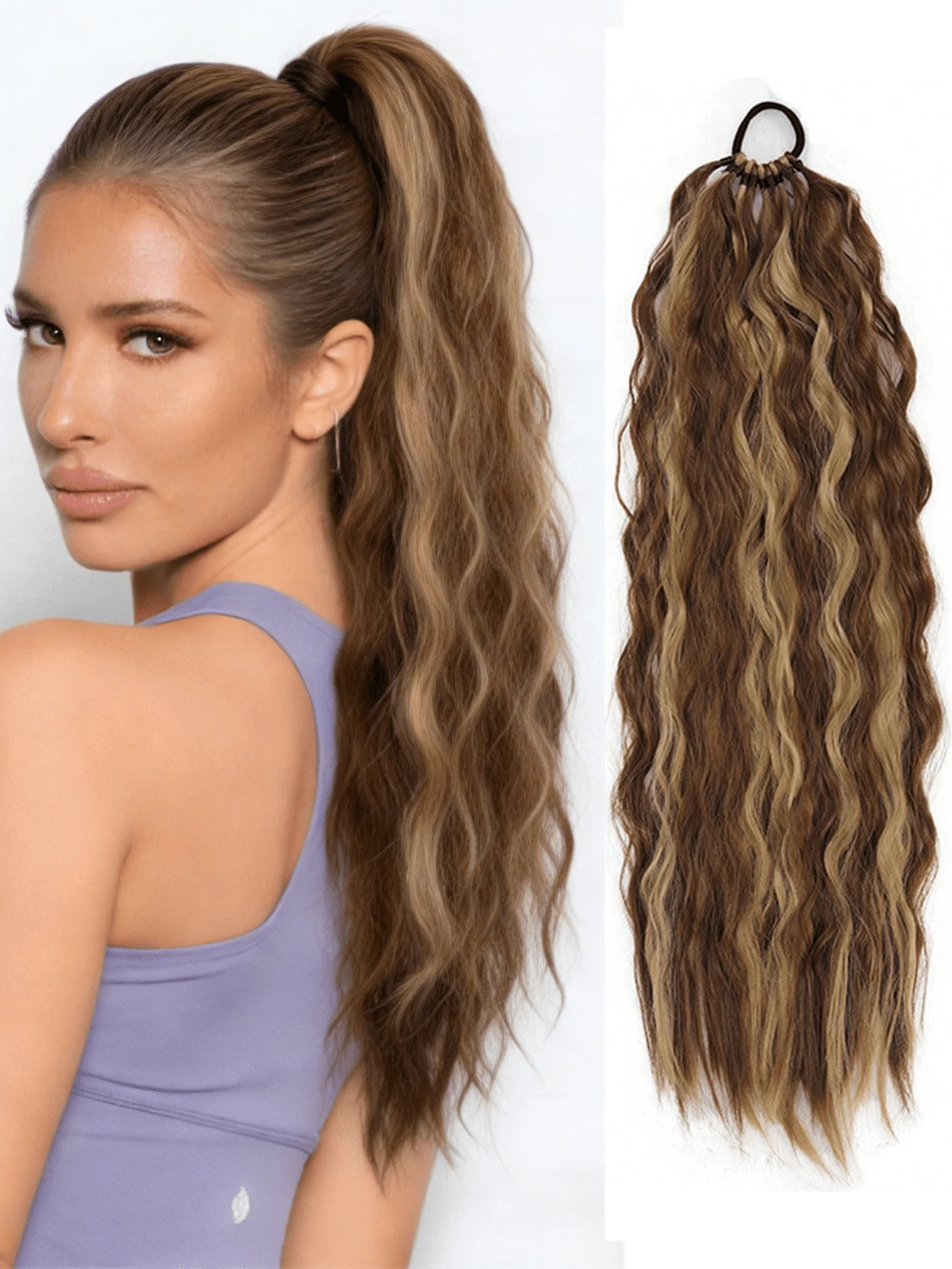 24英寸黑色、棕色和浅棕色多色波浪马尾假发接发，带松紧带，波浪柔和，外观自然，易于佩戴，瞬间增加头发长度和蓬松度，适合女性日常佩戴、节日派对、音乐节和其他场合。 - 彩色 - 查看 1