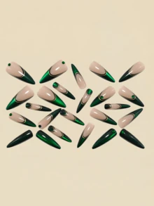 24pcs 3D Rhinestone French Green Nail Stickers, Y2K Style Nail Art Supplies Nails - Green - View 3