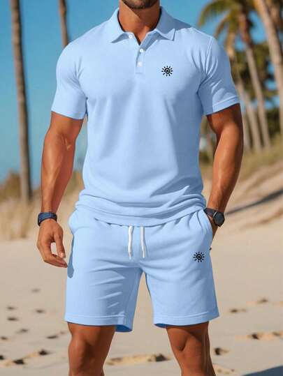 2pcs Men's Soft Fabric Outdoor Casual Business Breathable Polo Shirt & Shorts Set, Suitable For Vacation, Business, And Everyday Casual Wear