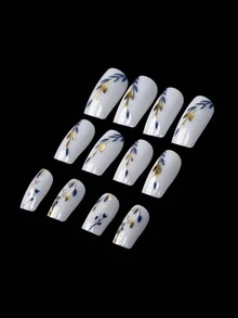 Sanrio 24pcs/Set Classic Jade White Matte Texture Navy Blue Tree Leaf & Gold Foil & Wheat Ear & Branch Pattern Simple Ins Style Square False Nails With 1pc Jelly Glue & 1pc Nail File Press On Nails Nail Supplies - Multicolor - View 6