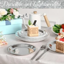 一套一次性银色纸质餐具，用于餐桌装饰，包含7英寸/9英寸圆形铝箔甜点盘和餐巾纸，派对用品，适用于生日、圣诞节、婚礼、家庭聚会、节日、新年等场合。 - 銀色 - 查看 6