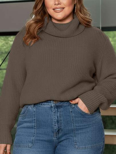 Blusa Plus Size Feminina Gola Alta Manga Longa Elegante Casual Básica Inverno Frio Térmica Tricot
