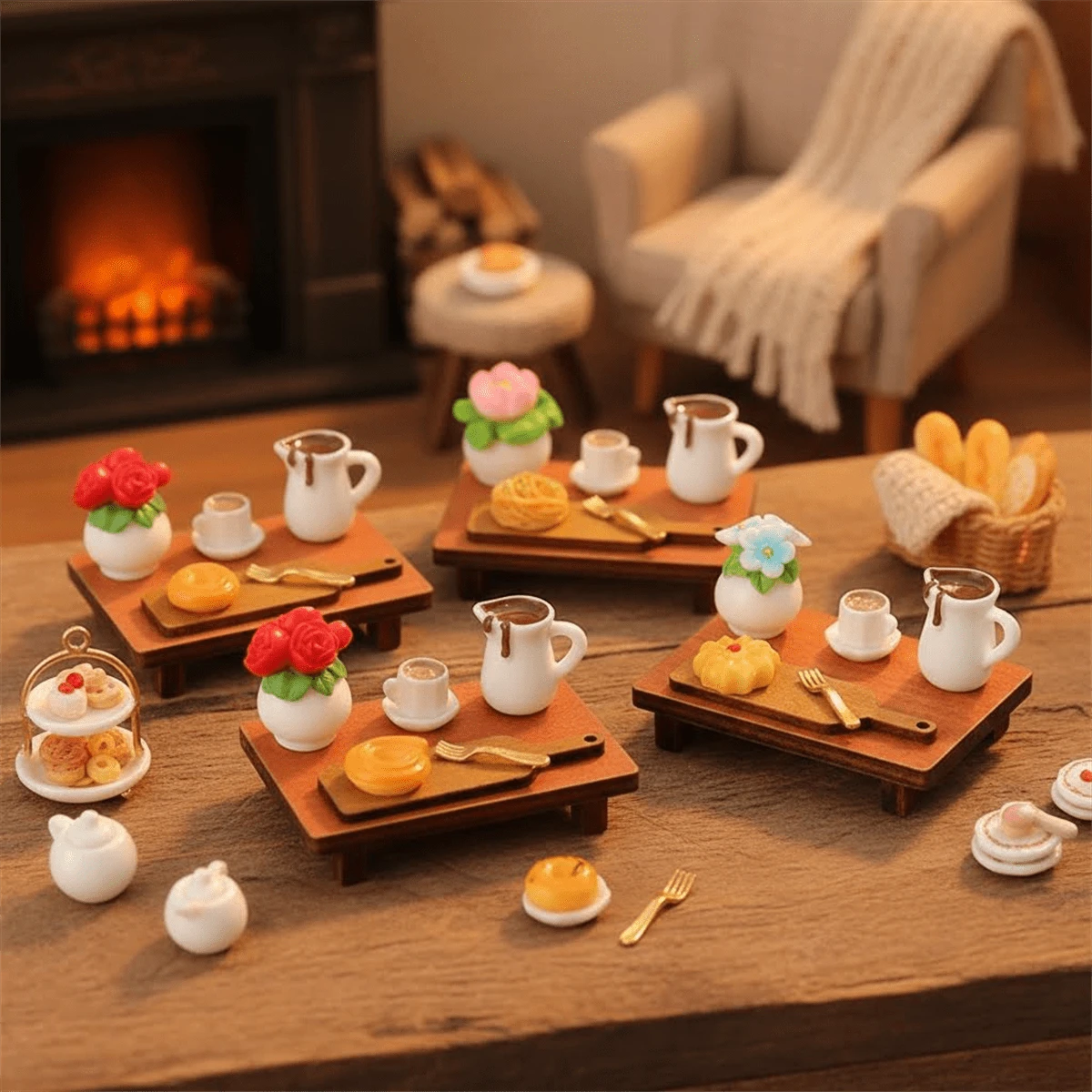 7pcs/Pack Miniature Dollhouse Creative Tray Set, Realistic Coffee, Bread Tray, Potted Plant Model DIY Props - Multicolor - View 1