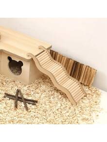 木制仓鼠沙滩主题玩具 - 波浪形楼梯和柔软的攀爬梯，适合小型宠物，天然木桥和围栏，可用于笼子装饰（天然木材手工制作） - 米色 - 查看 4