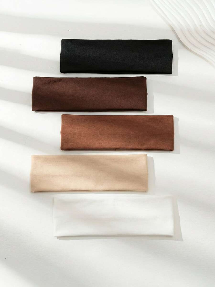 1/5条装女士波西米亚风防滑发带，适合瑜伽、跑步、健身和洗脸 - 柔软弹力吸湿排汗纯色休闲发带，四季皆宜，女士女孩发饰（棕色）头巾 - 彩色 - 查看 1