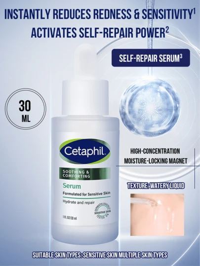 Cetaphil Soothing & Comforting Serum, 30ml Full-Size/ 5ml Mini-Size, Ultra-Gentle Hydrating & Restorative Facial Serum for Sensitive Skin, Hydrate and Repair, Helps Soothe and Calm Irritated or Stressed Skin, Provides Deep Moisture and Restore Soothe and Calm 描述for Dry, Dehydrated Skin Types, Perfect for Daily Use and Skin Recovery, Strengthens Skin’s Natural Barrier, A Must-Have Serum for Sensitive Skin Care and a Thoughtful Gift for Birthdays, Holidays, Special Occasions and Everyday Skincare Necare.