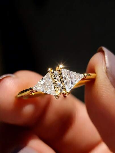 1 szt. Pierścień z cyrkonii syntetycznej w geometrycznym, podwójnym trójkątem ze srebra próby 925, elegancka i klasyczna biżuteria na co dzień dla kobiet