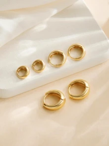 6pcs 18K Gold Plated Stainless Steel Smooth Geometric Hoop Earrings, Simple Classic Basic Style, Vintage European And American Earrings - Gold - View 2
