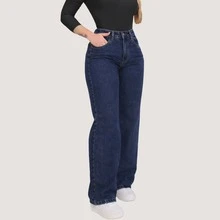 Women's Wide Leg Jeans, Graphite Gray, Simple, Casual, Cute, Elegant, Sensual, Boho, Jeans, Pockets, Button, Zipper, All Seasons - 深藍色 - 查看 1