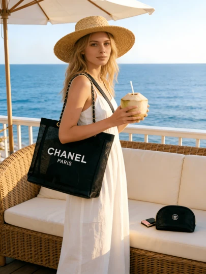 CHANEL 黑色透明网纱手提包和化妆包套装，大容量沙滩包，用途广泛，适合通勤、购物、海滩旅行和休闲外出，是送给女性的奢华高端礼物，也是时尚的化妆包和洗漱用品收纳包。