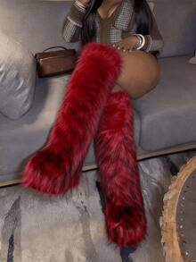 Women's Winter Furry Snow Boots For Women Fluffy Round Toe Suede Booties Flat Heel Slip On Outdoor Indoor Shoes Fashion Warm Fluffy Christmas Shoes - 過膝紅色 - 查看 4