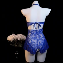 性感内衣，开裆设计，蕾丝骷髅连体裤，优雅女士连体裤，床上诱惑服，激情睡袍 - 寶藍色 - 查看 2