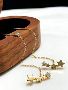 1 Pair S925 Sterling Silver Star Tassel Earrings, Inlaid Synthetic Zirconia, Elegant & Graceful For Women's Daily Wear, Quality Jewelry - Yellow Gold - View 4