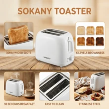 SOKANY 022 双片烤面包机，易于拆卸和清洁，适用于贝果、面包及各种烘焙食品，具有 6 种烘烤程度设置和可拆卸碎屑盘，白色，适用于标准片状面包 - 白色 - 查看 4