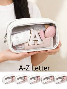 Cute Aesthetic White Clear Makeup Bag With Letter A-Z Emblem - Portable Lightweight Cosmetic Pouch Organizer For Travel Daily School Vacation - Ideal For Girls Young Women Beauty Lovers Students - Multicolor - View 6