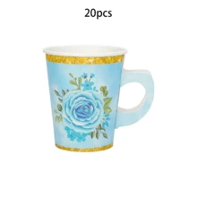 20个/40个蓝色花卉茶会用品，带把手的花卉茶杯，扇形花卉纸盘，一次性花卉杯碟套装，适用于下午茶、花园生日、新娘婚礼派对餐桌装饰 - 藍色 - 查看 9