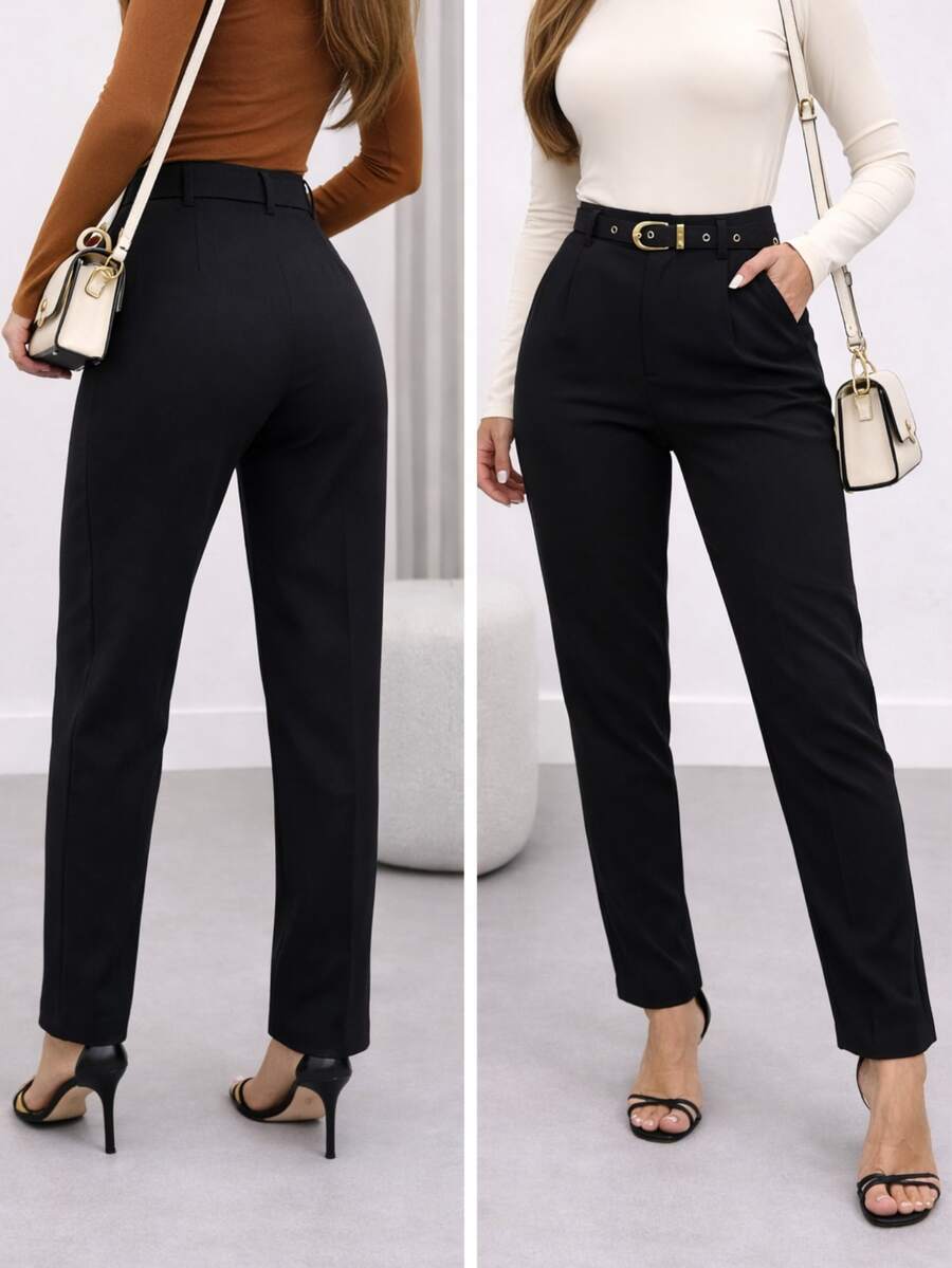Women's Tailored Jogger Pants With High Waist Belt - 黑色 - 查看 1