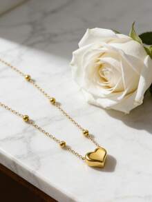 1pc Minimalist Cute Style Round Bead Chain Necklace With Heart Shaped Stainless Steel Pendant, Suitable For Women To Wear To Parties Or Dates, Or As A Valentine's Day Gift - Yellow Gold - View 5