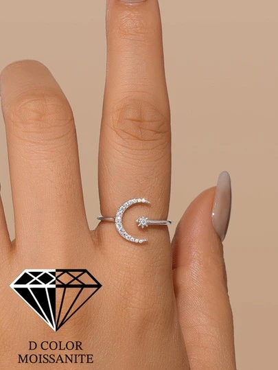 1Pc 925 Sterling Silver Moissanite Romantic Stars And Moon Connected Open-Face Regular Ring Fine Jewelry Suitable For Women For Daily, Dates, Vacation, Wedding, Party, Holiday Gift
