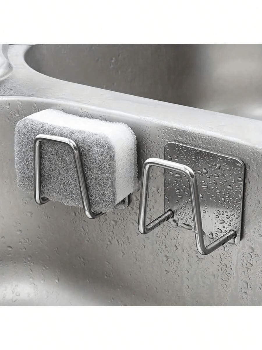 1pc Stainless Steel Sink Sponge Holder, Strong Adhesive Drain Rack, Kitchen Sink Drainer Organizer, Bathroom Accessories, Durable & Stylish