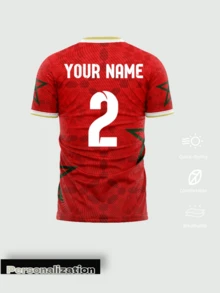 1pc Customized Men's 2026 World Cup Morocco Red Football Jersey, Red With Green Star Pattern, Customizable Name And Number, Moisture-Wicking Football Training Shirt, Suitable For Fans, Valentine's Day Gift Summer Sports - Red - View 3