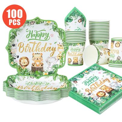 Jungle Animal Happy Birthday Petal Shaped Disposable Plates, Napkins, Cups, One-Time Party Supplies Set For 25 Guests, Disposable Paper Plates Party Tableware Suitable For Birthday, Wedding, Theme Party, Family Picnic