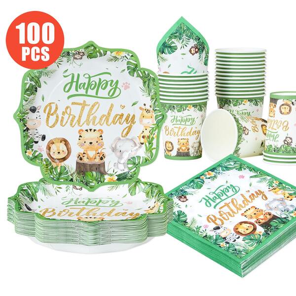 Jungle Animal Happy Birthday Petal Shaped Disposable Plates, Napkins, Cups, One-Time Party Supplies Set For 25 Guests, Disposable Paper Plates Party Tableware Suitable For Birthday, Wedding, Theme Party, Family Picnic